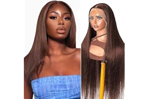 Gsoroel 13x4 Swiss Lace Front Human Hair Wig Cheveux Humain Glueless Wig Unprocessed Brazilian Virgin Human Hair Straight #4 Chocolate Brown Pre Plucked With Natural Hairline 16 Inch