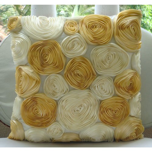 handgefertigt Elfenbein Kissenbezüge, Band-Goldrosen-Blume Floral Theme Kissen Decken, 50x50 cm Kissen Decken, Blumen Modern Kissenbezüge, Platz Seide Werfen Kissen Decken - Gold N Ivory Blooms