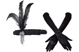 VIKSAUN 2 Pieces 1920s Flapper Headband Accessories Set, Vintage Flapper Feather Headband, Black Long Gloves, Feather Headband, Costume Prom Wedding Carnival Party, 20s Hair Accessories (2 Pieces)