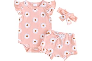 ESSECMBS 3Pz Completo Neonata Pagliaccetto Estivo Neonata Tutina Stampa Floreale Bimba con Maniche Volant Bodysuit Elegante+Pantaloncini+Fascia per Neonata