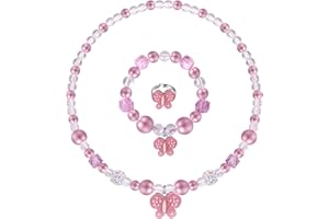 MAEOETTY Girl Pink Butterfly Necklace Princess Butterfly Necklace Bracelet Colorful Kids Jewelry Kids Stretchy Bracelets Toddlers Jewelry Gift Party Favors Dress up Jewelry Set for Little Girl Toddler