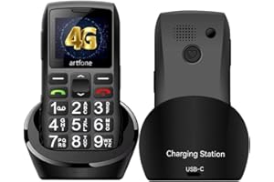 artfone C1+4G Téléphone Senior Portable Débloqué avec Grandes Touches丨Bouton SOS丨1800mAh Batterie丨Lampe Torche et Station de Charge丨Radio FM丨Haut Volume丨Fonction d'annonce de l'heure丨1,8''丨USB-C -Noir