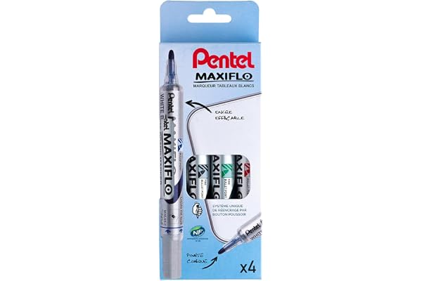 Pentel Maxiflo Pochette 4 Marqueurs tableau blanc Pointe conique moyenne Encre Noir, Bleu, Vert, Rouge