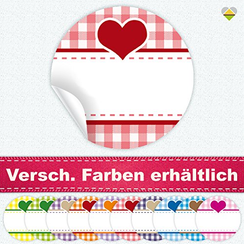 24 Aufkleber / Etiketten / Sticker | Landhausstil Kariert Herz | Rund | Ø 40 mm | Hellrot/Rot | F00038-06 | Ohne Beschriftung! | CuteLove & Head-Beat