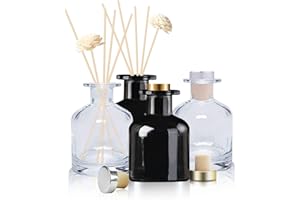 HOSSIAN 2 Botellas difusoras de Vidrio Transparente 2 Botellas difusoras Negras con Varillas de caña Natural (4 x 3.9 Pulgadas)