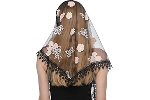 SAMHENG SanHeng Damen Spitze Mantilla Schleier Dreieckschal Blumenmuster Katholischer Kirchenschleier Kapellenschleier Kopfbedeckung Stickerei Quaste Schal Stola Kirche Latin Mass Hochzeit Haarschmuck