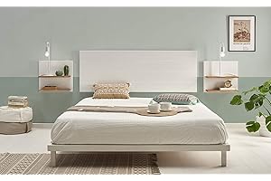 HOGAR24 ES Cabecero Madera Blanca + 2 mesitas con estantes Combinado Madera Maciza Natural Encerado y Fondo Blanco, Medidas cabecero; 155 x 60 x 2 cm