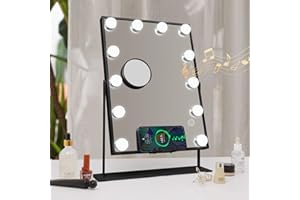 ‎HANSONG Hansong Schwarzer Hollywood Kosmetikspiegel mit Lautsprecher und kabellosem Ladegerät, 12 Glühbirnen, Schminkspiegel mit Beleuchtung mit 10-facher Vergrößerung, beleuchteter Schminkspiegel