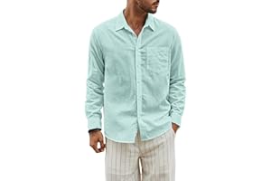 JMIERR Camisas de Lino Casual para Hombre de Manga Larga de Colores Puros básica de Ajuste Regular con Botones de Verano