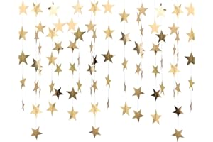 CODKU 52 Feet Reflective Star Paper Garland Banner - Hanging Decoration With Glitter Sparkling Streamer for Birthday, Wedding, Bridal, Baby Showers, Christmas Decorations, Gold