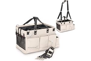 FifthStart Multipurpose Cleaning Caddy with Handle, Waist & Shoulder Strap - Nappy Caddy - 9 Pockets & Easily Cleaned - Sturdy & Portable Storage Box with Adjustable Compartments (Beige, Large)