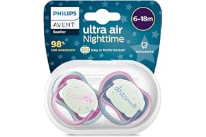 Philips AVENT Soother Ultra AIR NIGHTTIME 6-18M For Girls, 2 Pieces | No.1 Brand Recommended by Moms Worldwide | Glows in the dark, Light, Breathable, BPA free, Orthodontic with Sterilization Case