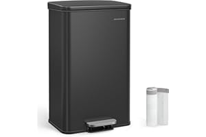 SONGMICS Mülleimer Küche, 40 Liter Abfalleimer, großer Tretmülleimer, mit Deckel, aus Stahl, Softclose, inklusive 15 Müllbeutel, schwarz LTB540B4002