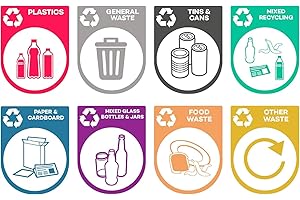 K Smart Sign | Mixed Set of Recycling Bin Sticker Labels/Stickers Pack - Self Adhesive Vinyl - Fully Waterproof - Pack of 8 Stickers