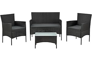 Juskys Salottino in polyrattan Fort Myers 4 Persone con divano a 2 posti, 2 sedie, tavolo e cuscini per seduta resistente alle intemperie nero/grigio Mobili da balcone Set di mobili da giardino