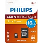 Philips Ultra Speed microSDHC Card 16 GB + SD adapt&ouml;r&uuml; UHS-I U1, 80 MB/sn'ye kadar okuma hızı, A1 hızlı uygulama performansı,