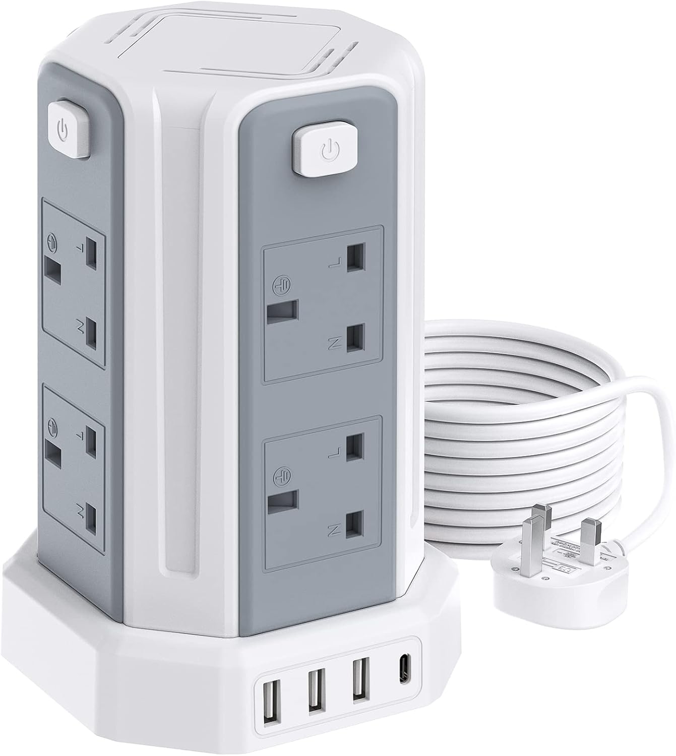 Tower Extension Lead 3M (3250W 13A) Extension Tower 8 AC Outlets & 4 USB Ports, Surge Protection Extension Lead with 4 Independent Switch, 17W USB C Ports Extension Cable 3M for Office, Home, Kitchen
