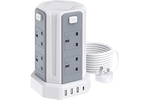 SAMERIVER Tower Extension Lead, (3250W 13A) Extension Tower 8 AC Outlets & 4 USB Ports, Surge Protection Extension Lead with 4 Independent Switch, 17W USB C Ports Extension Cable 3M for Office, Home, Kitchen