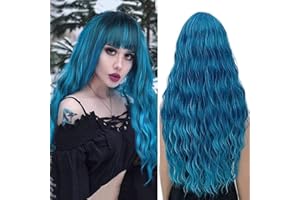 YEESHEDO Longue Bouclé Ombre Bleu Perruque pour Femme, Naturelle Charmant Blue Couleur Synthétique Perruques Cheveux avec Frange pour Cosplay Party ou Quotidien 30 pouces