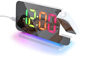 Lafocuse Réveil Projecteur Plafond avec 11 RVB Couleurs LED Affichage & 10 Couleurs Veilleuse, Horloge Numérique avec Luminosité Volume Réglable, Snooze, Réveil Projection pour Chambre Chevet, Blanc