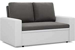 Mebligo - Zweisitzer Sofa Wohnzimmer mit Schlaffunktion, Bettkasten und Kunsteleder 148x90x87 (BxHxT) Grau und Weiß Luna, Schlafsofa Platzsparend, Schlafcouch, Sofabett, Sofa Bed, Bettsofa