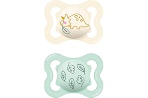 MAM Supreme - Ciuccio in set da 2 pezzi, per uno sviluppo sano dei denti e della mascella, previene le irritazioni della pelle, con scatola per ciuccio, 0-6 mesi, dino/foglie