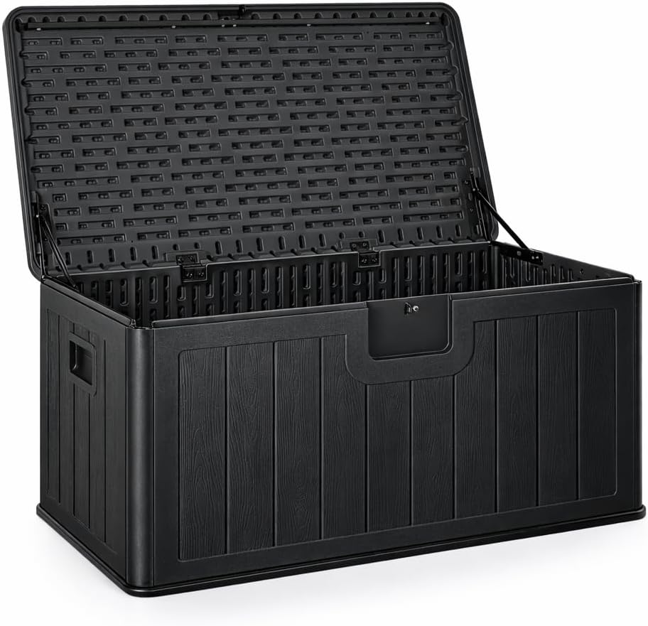 Baúl exterior almacenaje de resina impermeable multiusos 410L | Arcón de jardín resistente a la intemperie | Almacenamiento de cojines, herramientas o juguetes | Cofre organizador con tapa y asas