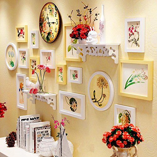 Preisvergleich Produktbild SSQCXO Fototapete Schön Kreativ Massivholz Bilderrahmen Kombination Wohnzimmer Europäischer Stil Hintergrundwand Wandgemälde Regal Wanduhr , B