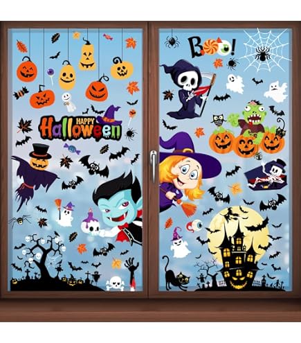 Kit De 141 Autocollants PVC Halloween Pour Fenêtres – Sorcières, Citrouilles, Chauves-souris, Décoration Amovible Et Réutilisable