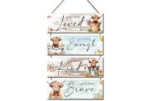 KEPUARM Highland Cow Decor Wall Art, 4Pcs Inspirational Wall Decor Sign With Rope, Farmhouse Cow Wall Art Picture Positive Quotes Bathroom Wall Decor for Bathroom Dining Room Bedroom Living Room,Art (Cow)