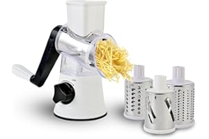MINDU Rotary Cheese Grater, Reemix Rotary Vegetable Slicer, Rotary Kitchen Mandoline Vegetable Slicer with 3 Replaceable Stainless Steel Blades (White)