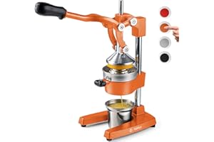 Eurolux Cast Iron Citrus Juicer | Commercial Grade Manual Hand Press | Countertop Squeezer for Fresh Fruit Juice (Bonus Stainless Steel Cup) (Orange)