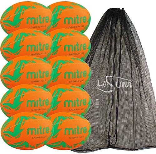 10 x Mitre Sabre Training Rugby Balls plus a Lusum Mesh Bag (Orange/Green, Size 4)