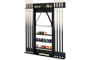 SPOTRAVEL Billiards Pool Cue Rack, Wall Mounted Cue Rack Stand with 3 Tiers Ball Slots & 8 Clips, Billiard Pool Table Accessories for Club (Black)