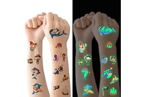 FLYFTREY Tatuaż dla dzieci, 10 arkuszy ze świecącym motywem pirackim i rekinów, tymczasowe, świecące w ciemności, wodoodporne, przyjazne dla skóry, dla dzieci, dekoracja na przyjęcie urodzinowe, upominek