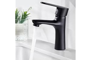 XWIHTR Grifo de baño de agua caliente y fría de acero inoxidable con cartucho cerámico silencioso, monomando, mezclador de ahorro de agua para baño, lavabo, cocina pequeña (negro)