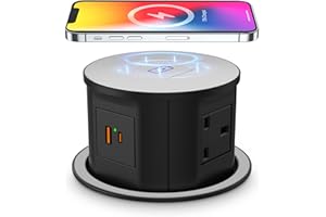 JGSTKCITY Automatic Pop up Power Socket with 15W Wireless Charger,Pop up Plug Extension Socket Safe with PD 20W Type C Port,4 Way Outlets Tower Extension Lead,4.7'' Hole Pop Up Outlet for Kitchen Worktops