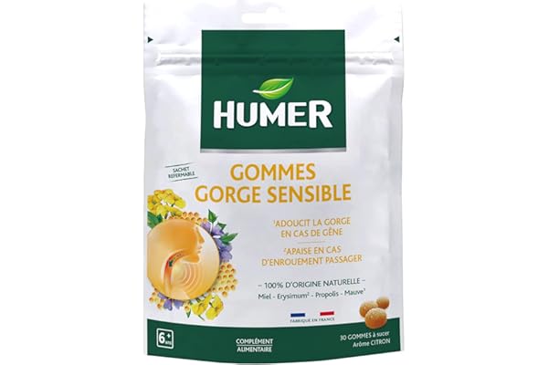 Humer - Gommes Gorge Sensible - Goût Citron - Dès 6 ans - Sachet Refermable & Recyclable de 30 Gommes