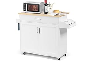 KOMFOTTEU Carro de Cocina Auxiliar, Carrito de Servicio con Cajón y Estante Ajustable, Estantería Móvil de Comedor con Ruedas Universales con Freno, de Madera, 116 x 40 x 85 cm (White)