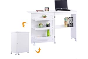 DREAMADE Nähtisch Nähmaschinenschrank Faltbar, Nähschrank Nähmöbel, Mehrzwecktisch mit 4 Rollen (Weiß)