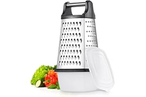 TELANKS Vierkantreibe Edelstahl, Grater Kitchen, 4-seitige Reibe mit Behälter, Reibe für Gemüse, Käsereibe, Küchenreibe, 4 unentbehrliche Küchenfunktionen für Grobes, Mittleres, Feines und Hobeln