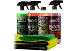 AutoFullCar FullCarX Pack de nettoyage de voiture intérieur et extérieur | 4 produits de 750 ml chacun + chiffon microfibre + serviette sèche | cire, shampoing, nettoyant pour plaques, tableaux de