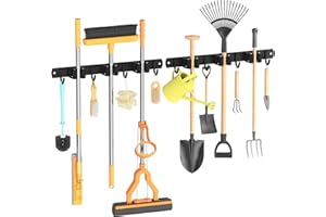 SHIRYLZEE Colgador Escobas y Fregonas,2 Paquete 3 Soportes y 4 Ganchos Negro Soporte Escobas Pared de Acero Inoxidable,Colgador Escoba de Soporte,Cuelga Escobas Pared Pesado para Casa,Cocina, Baño,Garaje,Jardín