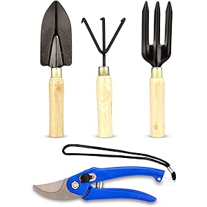 Amazon Brand - Solimo 4-Piece Gardening Tool Set | Hand Cultivator, Trowel, Garden Fork, Pruner | Wooden Handle