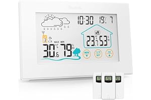 Estación Meteorológica Exterior con 3 Sensores Exteriores, Quntis Estación Meteorológica Inalámbrica Pantalla Táctil, Termómetro Higrómetro Digital con Pronóstico del Tiempo, 3 Canales, Hora, Alarma