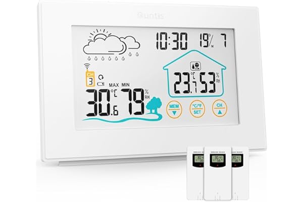 Station Météo sans Fil de Quntis avec 3 Capteurs Extérieurs Thermomètre Hygromètre Numérique Intérieur et Extérieur Station Météo Sans Fil Multifonction avec Affichage de l'heure Réveil Météo - blanc