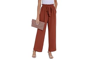 PrinStory Damen Hose Mit Weitem Bein Leichte Elastische Taille Sommer Hose Mit Taschen Kausale Arbeit Hose