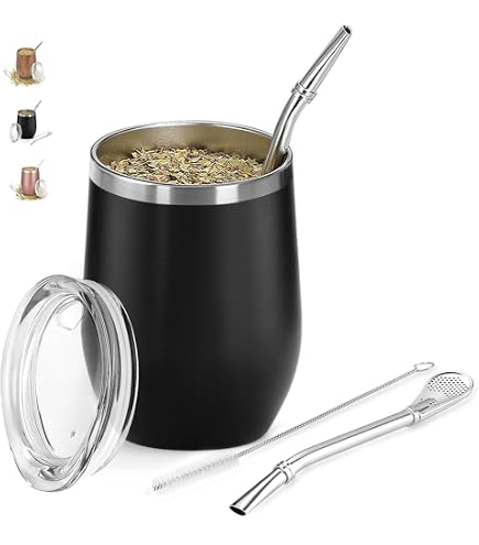 Tazza Per Mate In Acciaio Inox 304 Da 360 Ml – Set Con 2 Cannucce E Spazzole Per Pulizia, Doppia Parete Termica