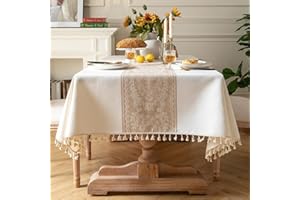 Pahajim Obrus na stół, prostokątny, bawełna i len, z frędzlami, zmywalny, wodoszczelny, odporny na zarysowania, do salonu, jadalni, na balkon, do ogrodu (biały, 140 x 220 cm)