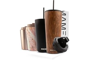 MAMEIDO Kubek termiczny 470 ml i 700 ml, z pokrywką i słomką ze stali nierdzewnej, podwójne ścianki, izolowany, zabezpieczony przed wyciekiem, do kawy (drewno dębowe, 470 ml)